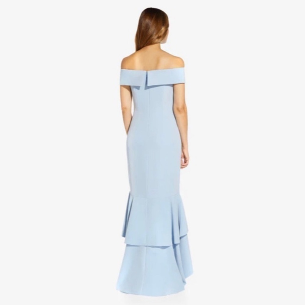 Adrianna Papell OFF-THE-SHOULDER CREPE HIGH-LOW GOWN WITH RUFFLE IN ELEGANT BLUE - Picture 2 of 7